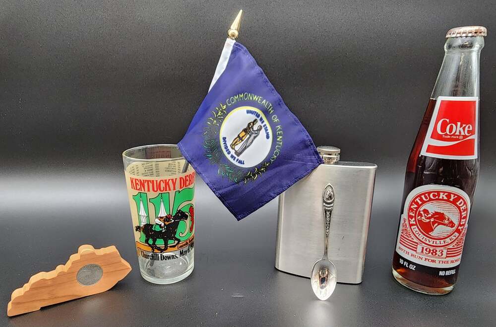 Kentucky Heritage Collectible Set Derby Glass Flag Spoon Flask Coke & Quarter